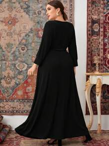 Modelyn Plus Overlap Collar Bishop Sleeve Belted Dress - Black - View 2