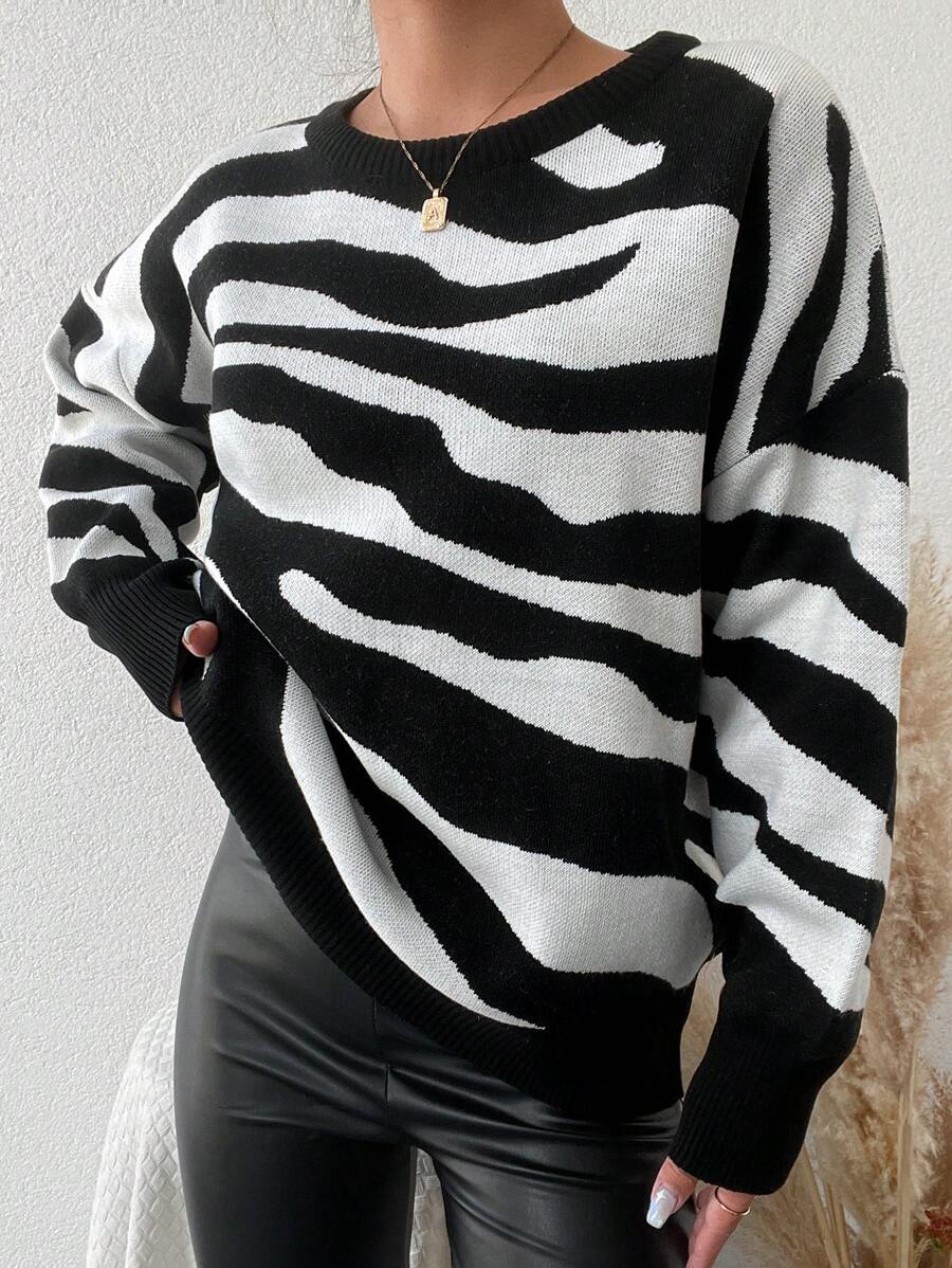 EURMUSE Zebra Striped Pattern Drop Shoulder Sweater - Black and White - View 1