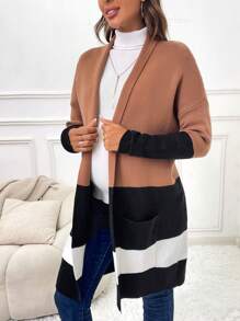 SHEIN 孕妇拼色双口袋落肩开衫，适合冬季 - 彩色 - 查看 3