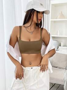 SHEIN EZwear Solid Crop Cami Top - Army Green - View 4