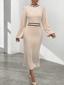 SHEIN Privé 拼接邊小高領燈籠袖洋裝 - 杏色 - 查看 4