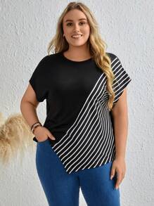 EMERY ROSE 条纹蝙蝠袖夏季 T 恤 - 黑色 - 查看 1