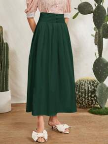 Mulvari Wide Waistband Solid Flared Skirt - Dark Green - View 3