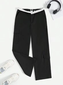 SHEIN EZwear Contrast Foldover Waist Flap Pocket Side Cargo Pants