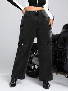 SHEIN ICON Hơn Cao eo Túi có nắp Quần jean chở hàng - màu đen - Xem 4