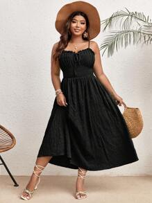 SHEIN VCAY 加褶饰边系带前吊带夏季波西米亚风连衣裙、沙滩裙、太阳裙、度假装、紧身胸衣裙 - 黑色 - 查看 1