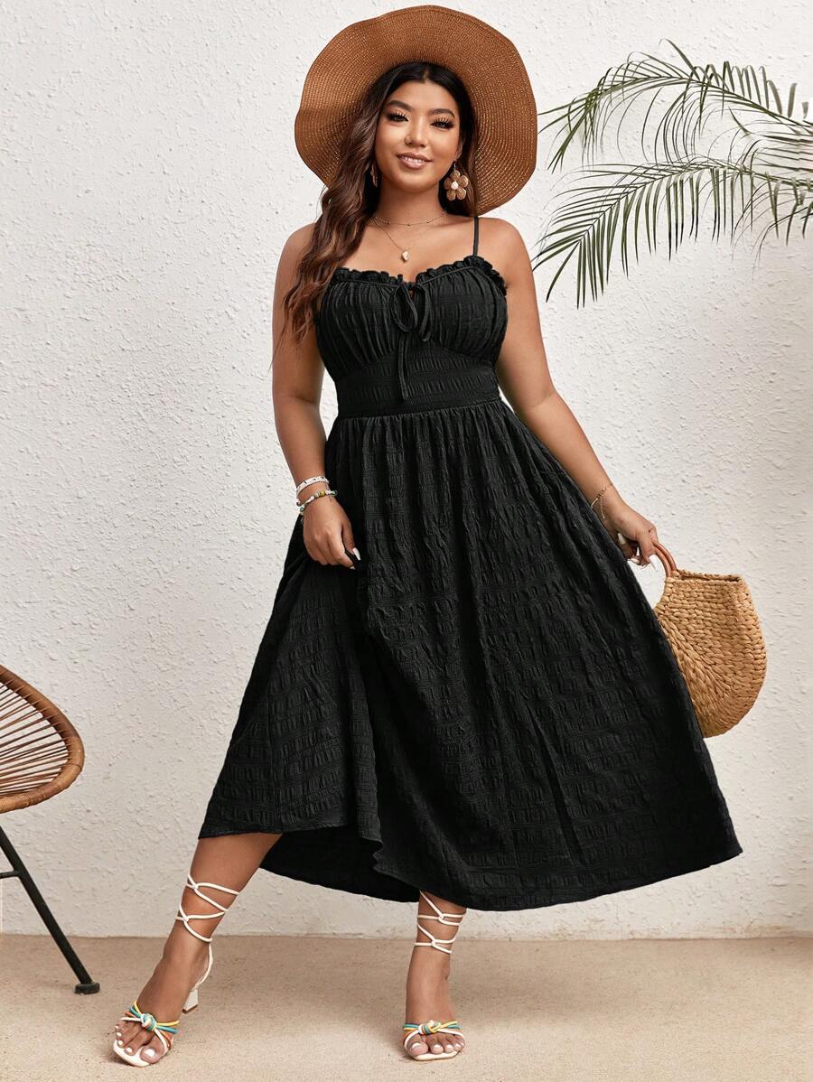 SHEIN VCAY 加褶饰边系带前吊带夏季波西米亚风连衣裙、沙滩裙、太阳裙、度假装、紧身胸衣裙 - 黑色 - 查看 1