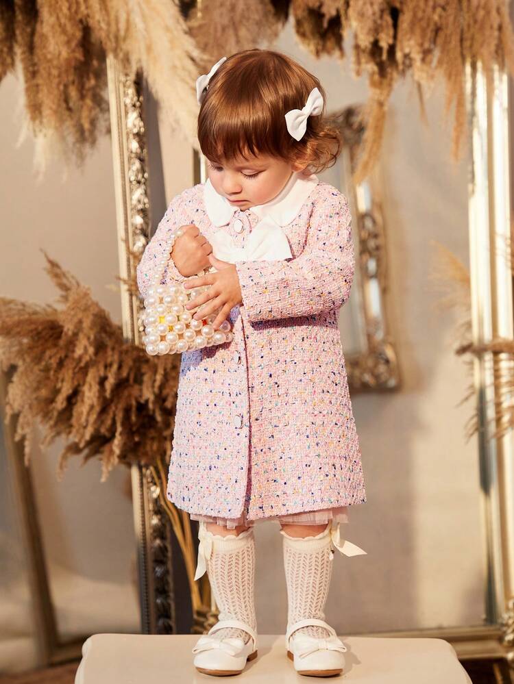 Baby Girl Bow Front Coat & Mesh Overlay Dress