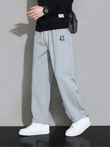 Men Letter Graphic Drawstring Waist Pants - Grey - View 4