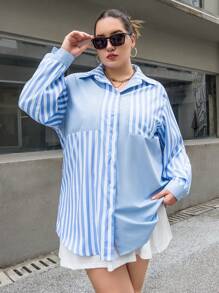 SHEIN Essnce 大碼條紋印花落肩袖襯衫 - 藍色 - 查看 5