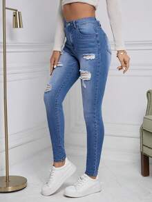 SHEIN Frenchy Quần Jeans Skinny Rách Eo Cao - trắng - Xem 4