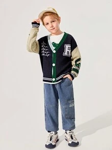 SHEIN Tween Boy Casual Loose Long Sleeve V-Neck Cardigan Sweater - Multicolor - View 4