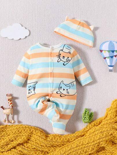 Baby Boy Striped & Cartoon Graphic Button Front Jumpsuit & Hat PJ Set