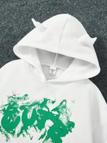 SHEIN Sudadera con bolsillo canguro y diseño de oreja 3D con gráfico de letras para niña preadolescente - Blanco - Ver 4