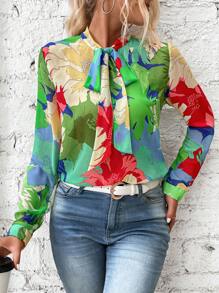 SHEIN LUNE 印花繫帶領襯衫 - 彩色 - 查看 1