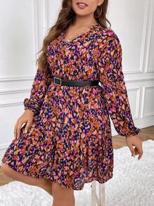 SHEIN Frenchy Plus Allover Print Lantern Sleeve Dress Without Belt - Multicolor - View 4