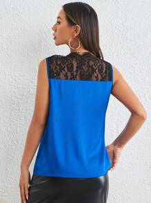 SHEIN Privé Top ribete con encaje en contraste de satén - azul real - Ver 2