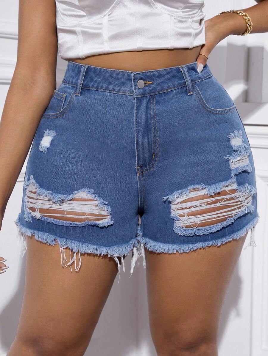 SHEIN SXY Plus Size Women's Frayed Ripped Denim Shorts - Medium Wash - View 1