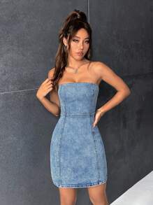 SHEIN EZwear Vestido vaquero con tubo y cremallera en la espalda - Azul - Ver 6