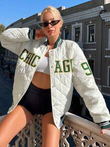 EURMUSE Letter Embroidery Striped Trim Quilted Bomber Jacket - White - View 5