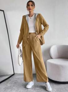 SHEIN Essnce 素色單釦西裝外套和褲子 - 卡其色 - 查看 6