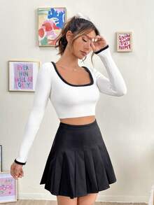 SHEIN Qutie Suéter corto con ribetes en contraste - Blanco - Ver 5