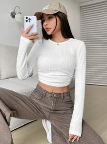 SHEIN EZwear Solid Ribbed Knit Crop Tee - White - View 5
