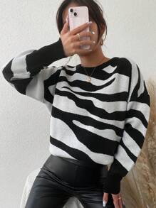 EURMUSE Zebra Striped Pattern Drop Shoulder Sweater - Black and White - View 6