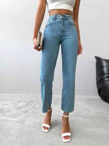 EURMUSE High Waist Straight Leg Cropped Jeans - Light Wash - View 5