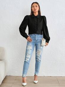 SHEIN Privé Frill Trim Puff Sleeve Shirt - Black - View 5