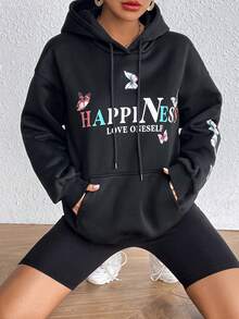 Slogan & Butterfly Print Kangaroo Pocket Drop Shoulder Drawstring Hoodie - Black - View 3