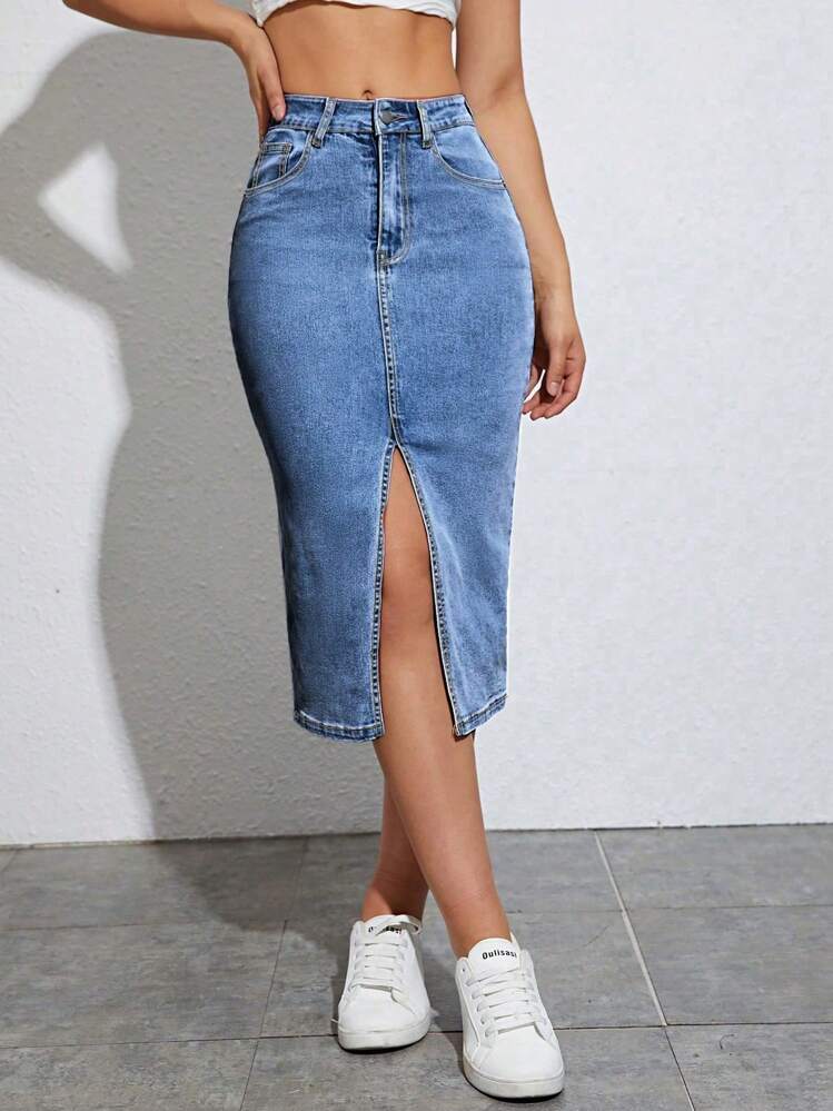 SHEIN Jeanoir Gonna in denim vita alta a fessura alta - Blu lavato medio - Visualizzare 4