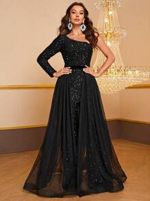 YISIKADO One Shoulder Mesh Overlay Sequin Elegant Long Sleeve Jumpsuit - Black - View 5