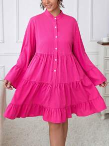 Celure Plus Flare Sleeve Layered Ruffle Hem Smock Dress - Hot Pink - View 3