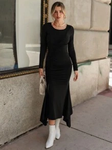 SHEIN Privé Solid Split Thigh Mermaid Hem Dress