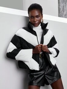 Maija 拼色拉链衬垫大衣 - 黑與白 - 查看 1