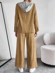 SHEIN Essnce 素色單釦西裝外套和褲子 - 卡其色 - 查看 2