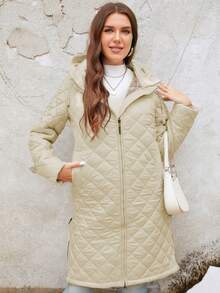 Zip Up Hooded Quilted Coat - Beige - View 3
