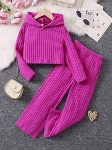 SHEIN 女小童素色連帽T恤和褲子 - 玫紅色 - 查看 1