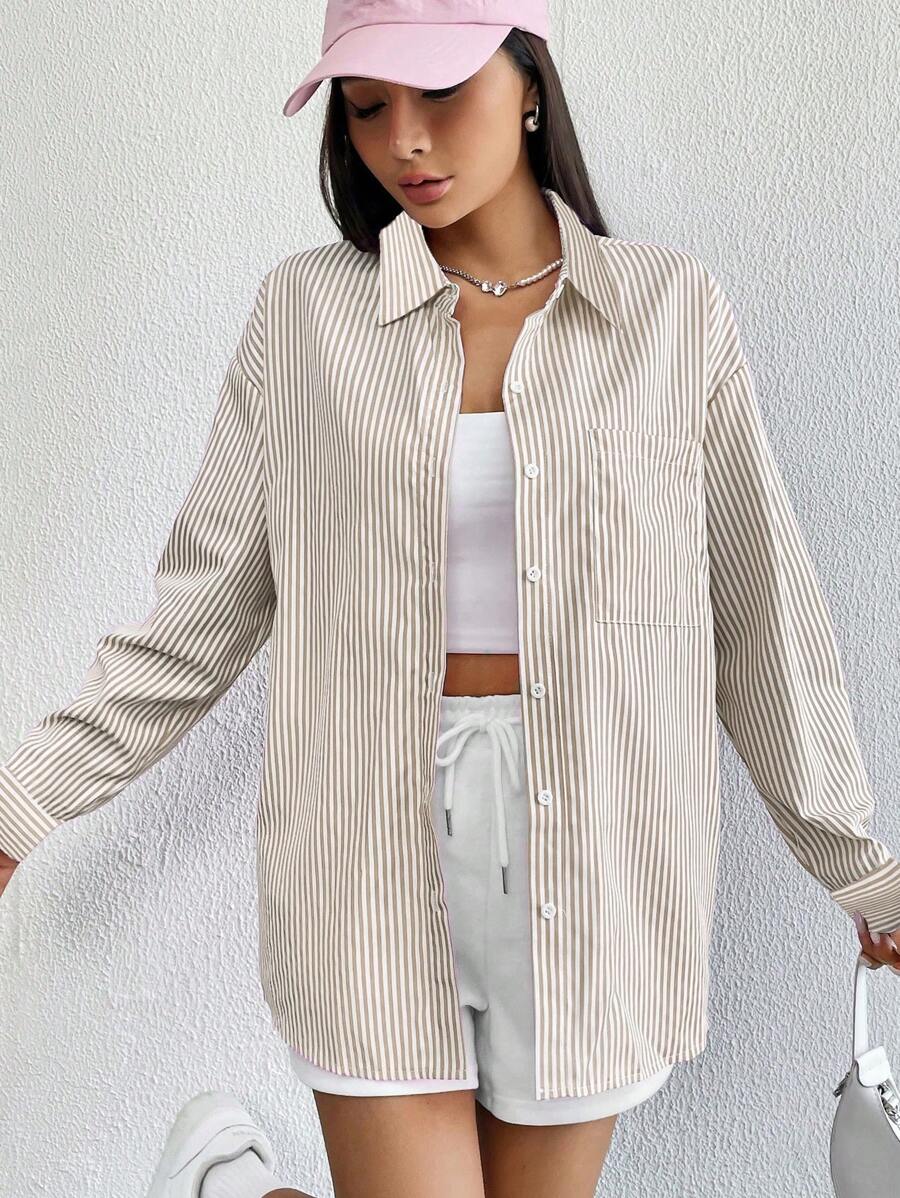 SHEIN EZwear Striped Print Drop Shoulder Shirt - Coffee Brown - View 1