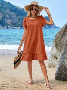 EMERY ROSE Petal Sleeve Ruffle Hem Smock Dress - Redwood - View 6