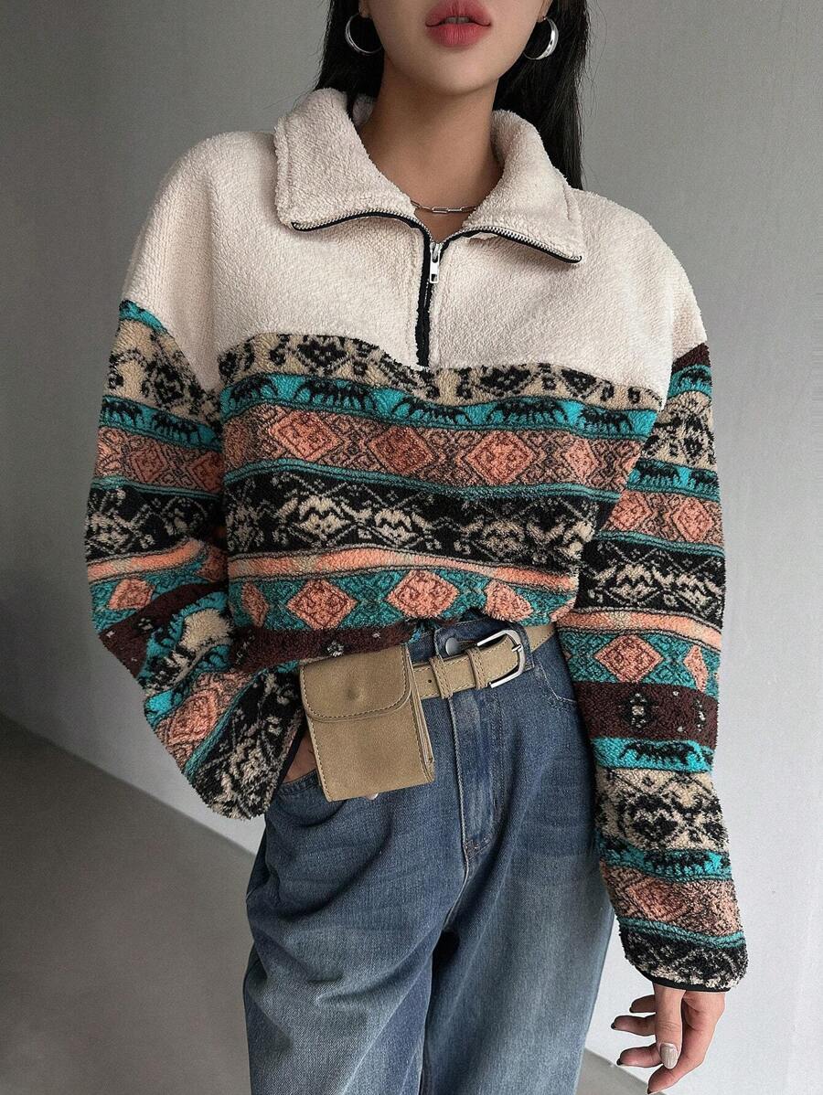 DAZY Geo Print Half Zip Drop Shoulder Sweatshirt Boho,Thermal Lined - Black and White - View 1