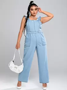 SHEIN LUNE Plus Tie Shoulder Slant Pocket Denim Overalls - Blue - View 1