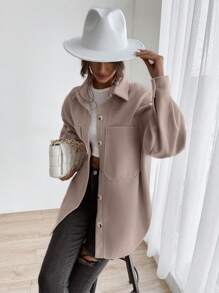 SHEIN LUNE Drop Shoulder Pocket Patched Coat,Ladies Spring/Fall Casual Button,Pocket Drop Shoulder Collar Regular Fit Coffee Brown Plain Women Coats,Casual Daily Wear - Coffee Brown - View 5