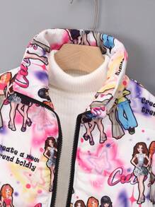 SHEIN Tween Girl 1 件装人物与口号图案拉链夹棉外套 - 彩色 - 查看 5