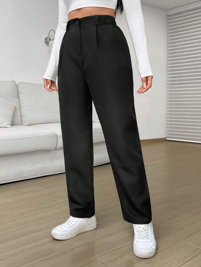 SHEIN EZwear بنطلون نساءي أسود فضفاض بخصر عالي منسدل، سراويل عادية مبتكرة مناسبة لشهر رمضان