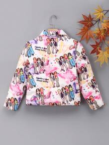 SHEIN Tween Girl 1 件装人物与口号图案拉链夹棉外套 - 彩色 - 查看 2