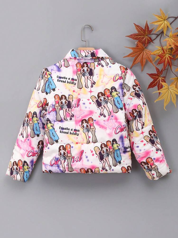 Tween Girl 1pc Figure & Slogan Graphic Zip Up Padded Coat