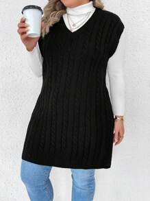 EMERY ROSE 大碼 1 入組絞花針織 V 領毛衣背心 - 黑色 - 查看 1