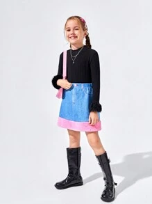 SHEIN Cô gái Tween Khối màu Hiệu ứng denim In Váy - Màu xanh lam - Xem 6